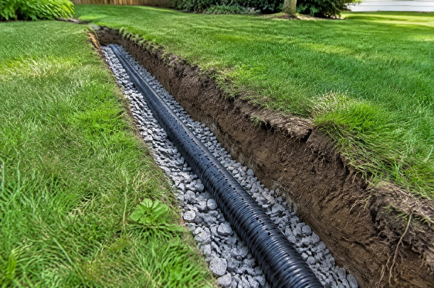 French drain trench with gravel and pipe moving water away from a Charlotte home
